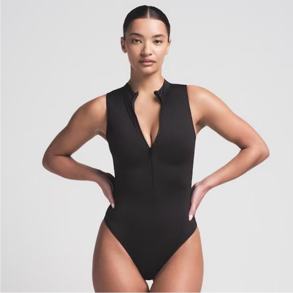 SKIMS Black Zip-Front One-Piece Swimsuit